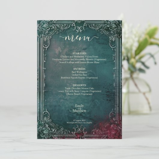 Victoriaans Gotische Elegantie Bruiloft Menu (Staand voorkant)
