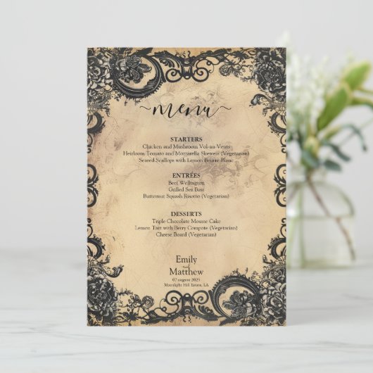 Victoriaans Gotische Elegantie Bruiloft Menu (Staand voorkant)