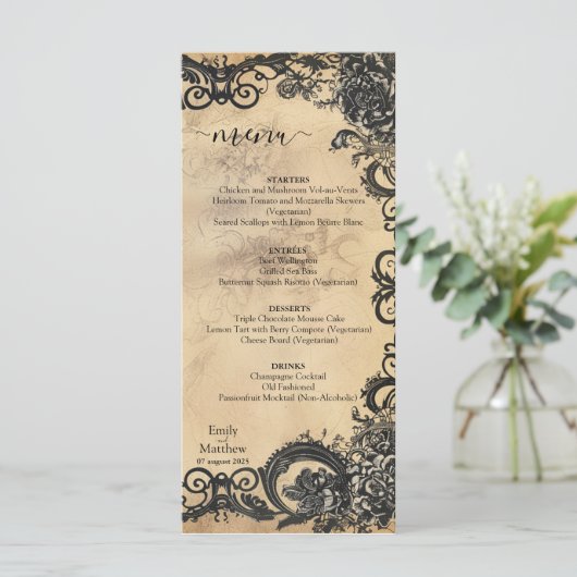 Victoriaans Gotische Elegantie Bruiloft Menu (Staand voorkant)