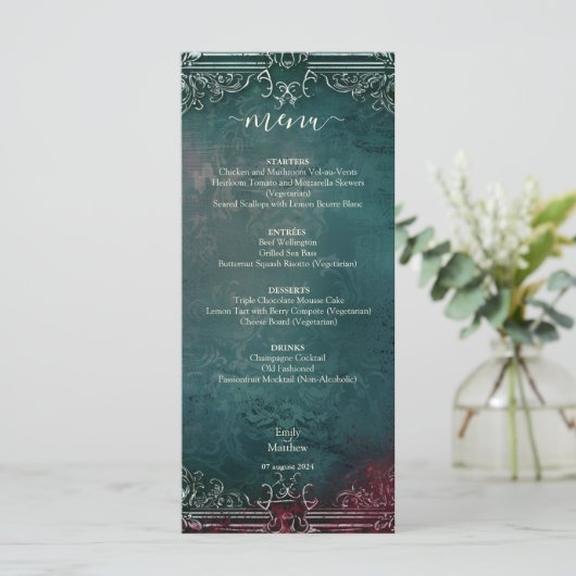 Victoriaans Gotische Elegantie Bruiloft Menu (Staand voorkant)