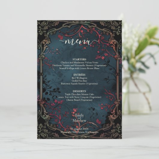 Victoriaans Gotische Elegantie Bruiloft Menu (Staand voorkant)