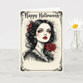 Victoriaans gotische Halloween Lady met rode roos Kaart