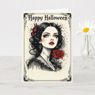 Victoriaans gotische Halloween Lady met rode roos Kaart