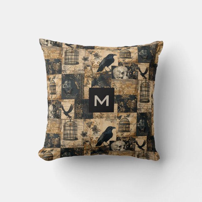 Victoriaans Gotische Halloween Monogrammed Patchwo Kussen (Voorkant)