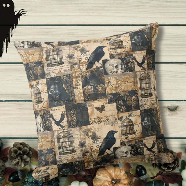 Victoriaans gotische Halloween patchwork Kussen (victorial gothic patchwork throw pillow with raven birds, skulls, birdcages and script typography)