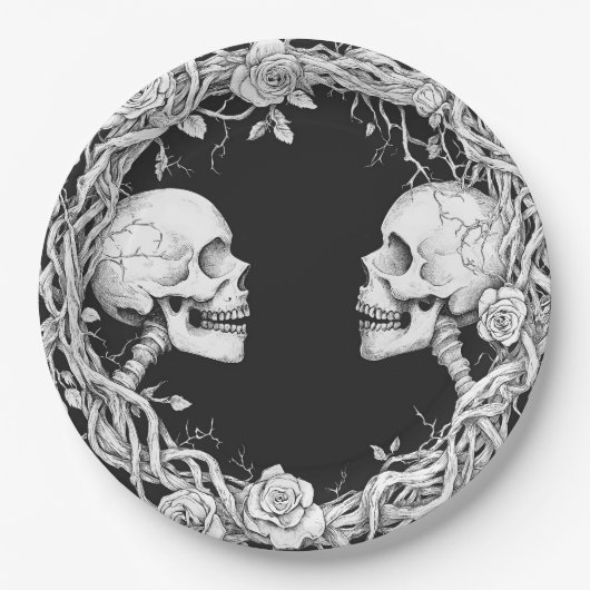  Victoriaans Gotische Halloween Skulls Rozen Papieren Bordje (Voorkant)