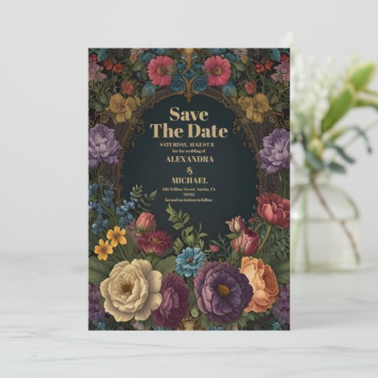 Victoriaans Gotische  Tuin Bloemen Bruiloft Save The Date (Staand voorkant)