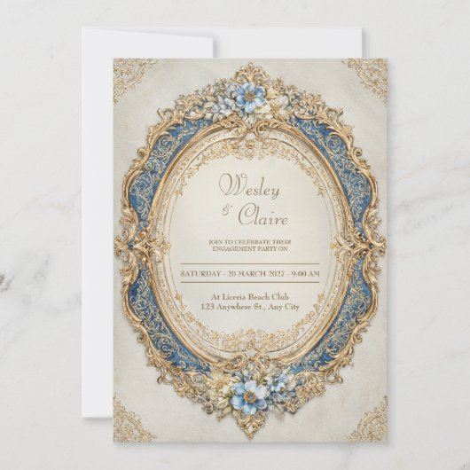 Victoriaans Goud Lijst Blauw Floral Elegance Weddi Kaart (Voorkant)