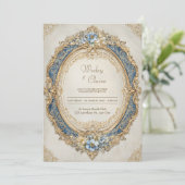 Victoriaans Goud Lijst Blauw Floral Elegance Weddi Kaart (Staand voorkant)