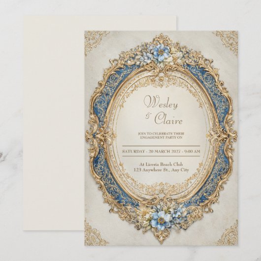Victoriaans Goud Lijst Blauw Floral Elegance Weddi Kaart (Voorkant / Achterkant)