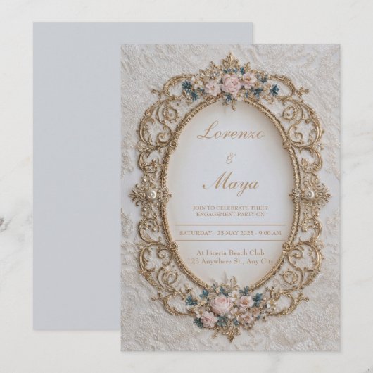 Victoriaans Goud Lijst Bloemen Huwelijksuitnodigin Kaart (Voorkant / Achterkant)