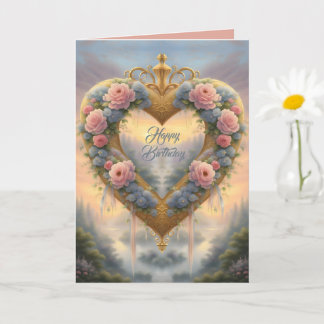 Victoriaans, gouden hart met bloemen en spreuk kaart