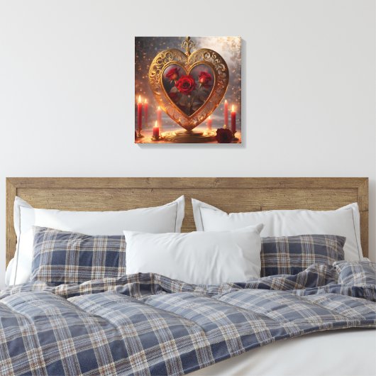 Victoriaans gouden hart met rode rozen,  canvas afdruk (Insitu (Slaapkamer))