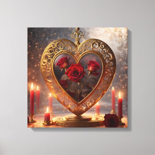 Victoriaans gouden hart met rode rozen,  canvas afdruk (Voorkant)