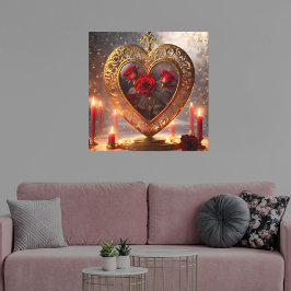 Victoriaans gouden hart met rode rozen,  canvas afdruk