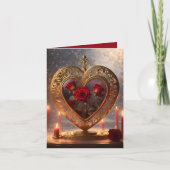Victoriaans gouden hart met rode rozen,  feestdagen kaart (Voorkant)
