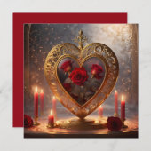 Victoriaans gouden hart met rode rozen,  feestdagenkaart (Voorkant / Achterkant)