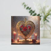 Victoriaans gouden hart met rode rozen,  feestdagenkaart (Staand voorkant)