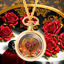 Victoriaans gouden hart met rode rozen,  horloge