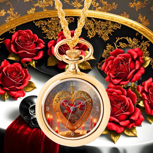 Victoriaans gouden hart met rode rozen,  horloge (Creator heeft geüpload)