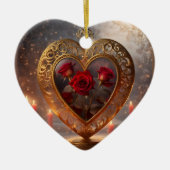 Victoriaans gouden hart met rode rozen,  keramisch ornament (Voorkant)