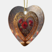 Victoriaans gouden hart met rode rozen,  keramisch ornament (Links)