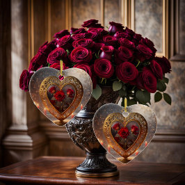 Victoriaans gouden hart met rode rozen,  keramisch ornament