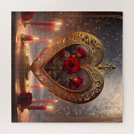 Victoriaans gouden hart met rode rozen,  legpuzzel (Horizontaal)