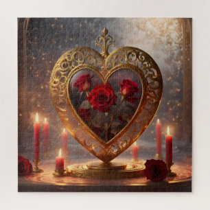 Victoriaans gouden hart met rode rozen, legpuzzel