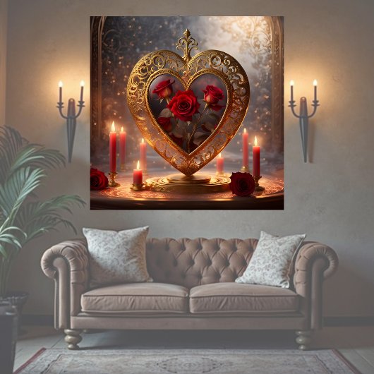 Victoriaans gouden hart met rode rozen, perfect poster