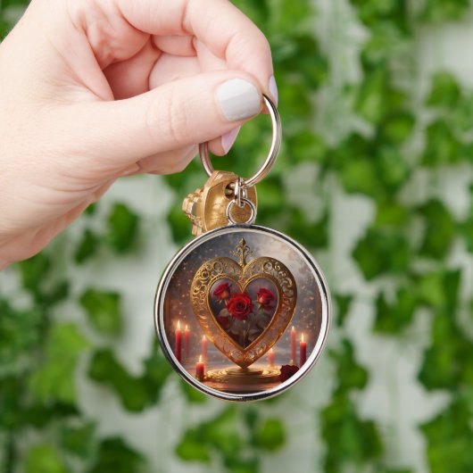 Victoriaans gouden hart met rode rozen,  sleutelhanger (Hand)