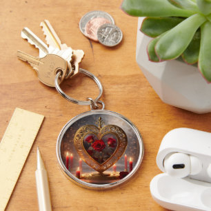 Victoriaans gouden hart met rode rozen,  sleutelhanger