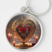 Victoriaans gouden hart met rode rozen,  sleutelhanger (Voorkant)