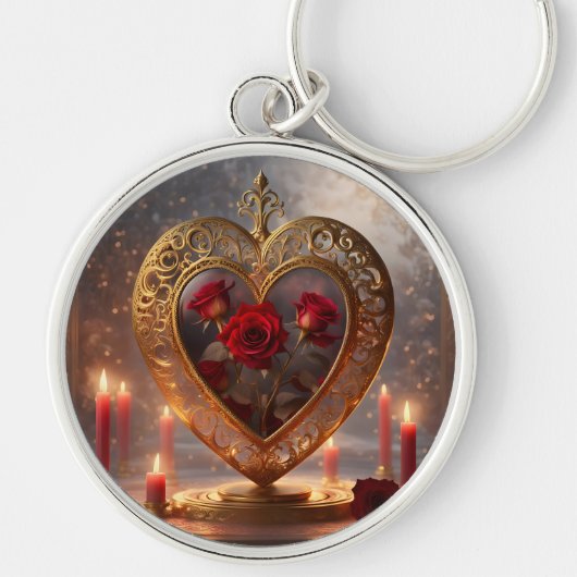 Victoriaans gouden hart met rode rozen,  sleutelhanger (Voorkant)