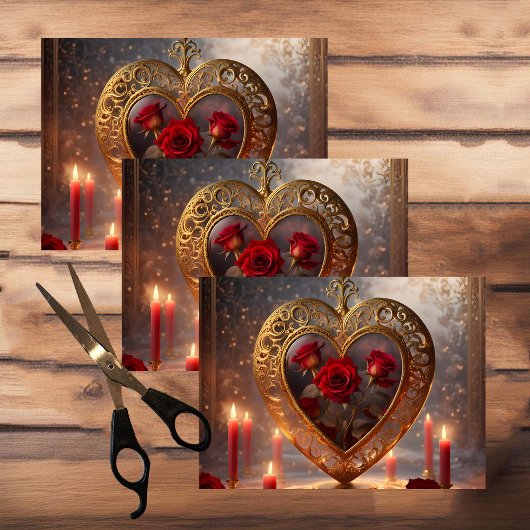 Victoriaans gouden hart met rode rozen,  tissuepapier