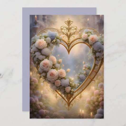 Victoriaans gouden hart met rozen,  feestdagenkaart (Voorkant / Achterkant)