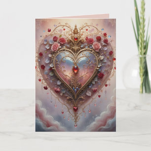 Victoriaans gouden hart, rozen en bloemen, vintage kaart