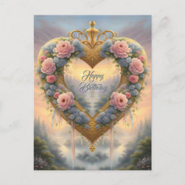 Victoriaans, goudkleurig hart met bloemen en gezeg briefkaart