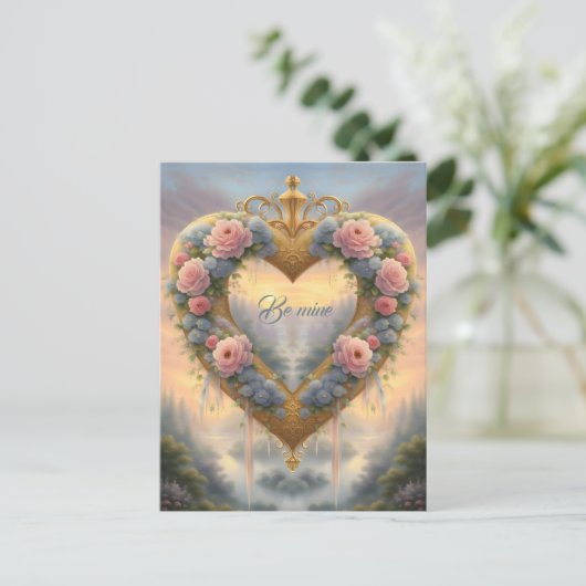 Victoriaans, goudkleurig hart met bloemen en gezeg briefkaart (Staand voorkant)