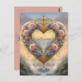 Victoriaans, goudkleurig hart met bloemen en gezeg briefkaart (Voorkant / Achterkant)