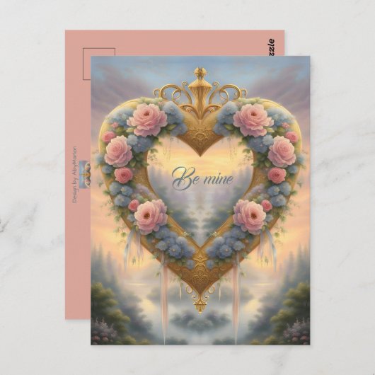 Victoriaans, goudkleurig hart met bloemen en gezeg briefkaart (Voorkant / Achterkant)