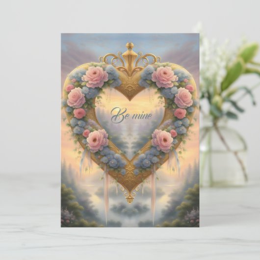 Victoriaans, goudkleurig hart met bloemen en gezeg feestdagenkaart (Staand voorkant)