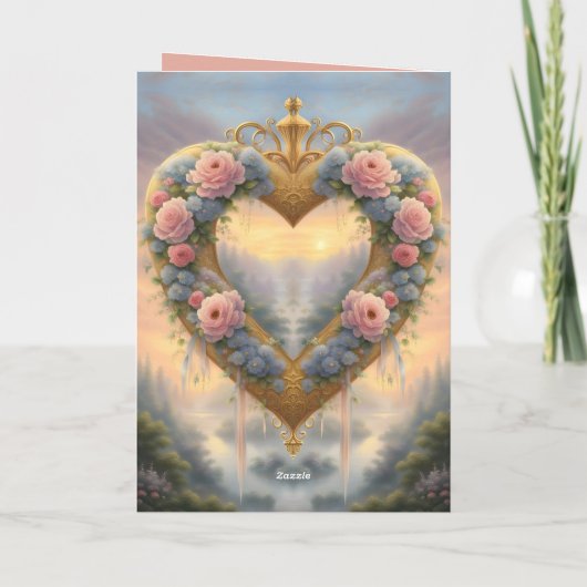 Victoriaans, goudkleurig hart met bloemen en gezeg kaart (Achterkant)