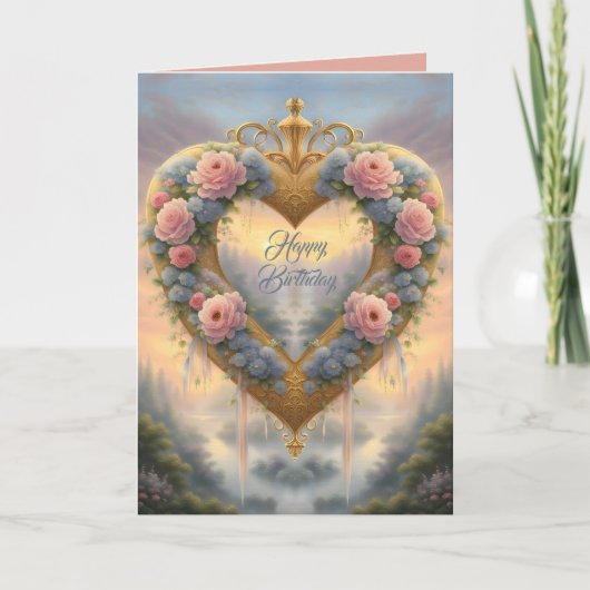 Victoriaans, goudkleurig hart met bloemen en gezeg kaart (Voorkant)