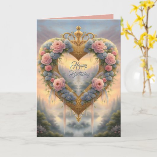 Victoriaans, goudkleurig hart met bloemen en gezeg kaart (Gele Bloem)