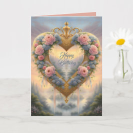 Victoriaans, goudkleurig hart met bloemen en gezeg kaart