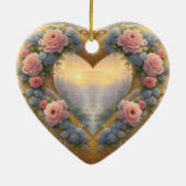 Victoriaans, goudkleurig hart met bloemen en gezeg keramisch ornament (Achterkant)