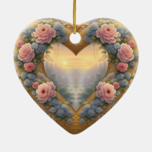 Victoriaans, goudkleurig hart met bloemen en gezeg keramisch ornament (Achterkant)