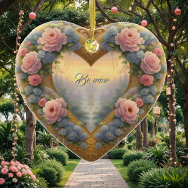 Victoriaans, goudkleurig hart met bloemen en gezeg keramisch ornament