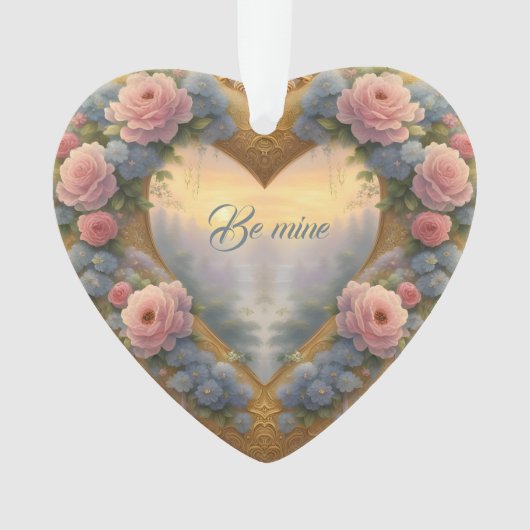 Victoriaans, goudkleurig hart met bloemen en gezeg ornament (voorkant)